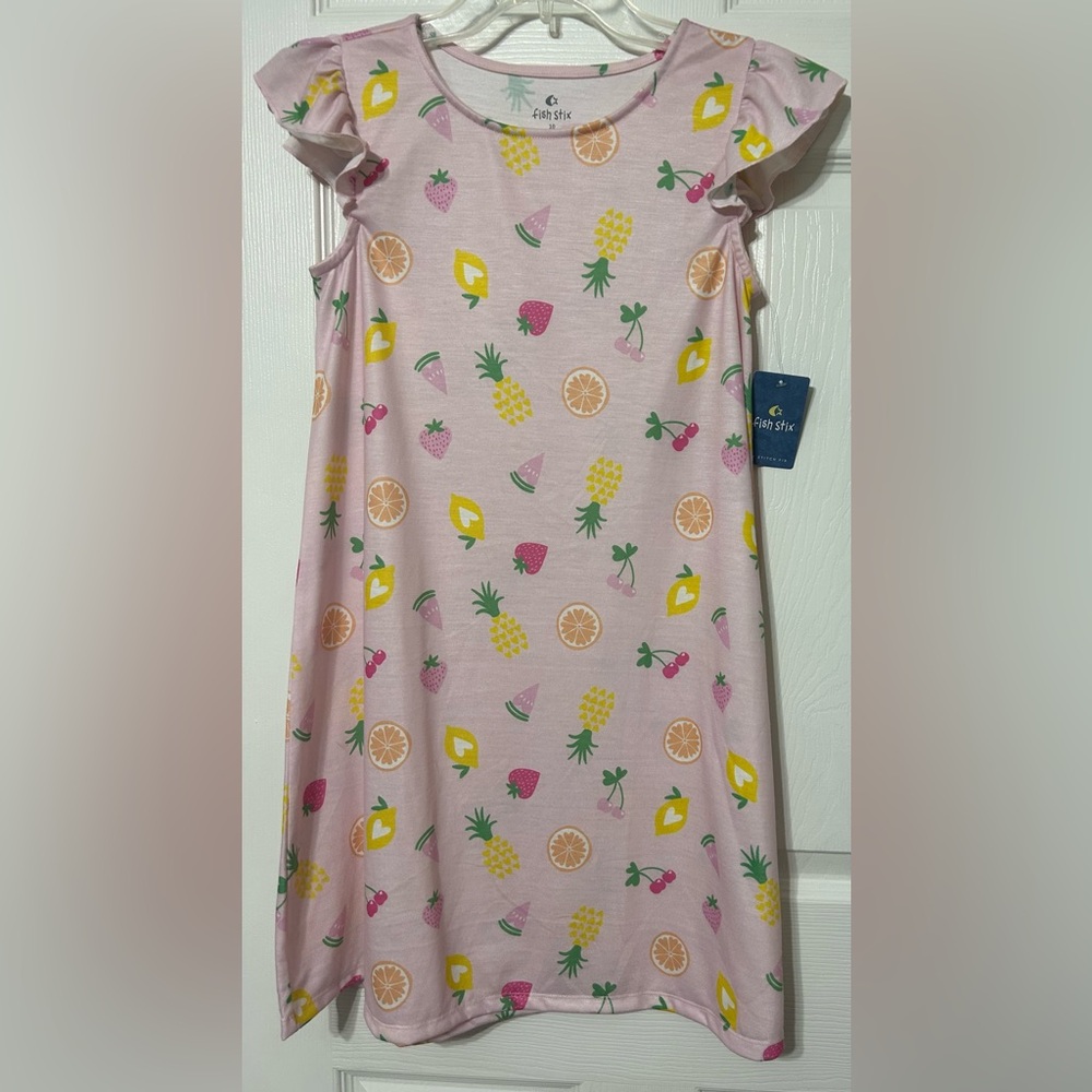 FISH STIX Stitch Fix Girls Night Gown Pink Fruit Print Flutter Sleeves NWT 10